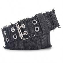 1pc Men's Denim Embossed Washed Double Buckle Belt, Popular Style - Black - View 2