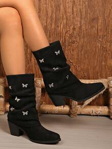 Black Butterfly Rhinestone Chunky Heel Mid-Calf Boots, Women's Pointed Toe Autumn/Winter Vintage Ruched Western Cowboy Boots - Black - View 5