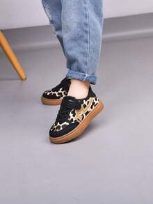 Leopard Print Kids Thick Sole Sneakers, Hook And Loop Anti-Slip, Unisex Casual Sports Shoes, Spring/Autumn New Style - Black - View 5