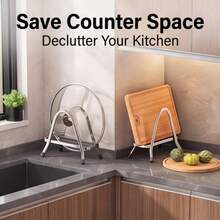 1pc/2pcs 2 Styles Available, Adjustable Thickness Cutting Board Rack, Vertical Countertop Cutting Board & Pot Lid Holder, Kitchen Storage Rack, Cutting Board Drain Rack, Daily Home Essential, Kitchen Helper - Silver - View 5