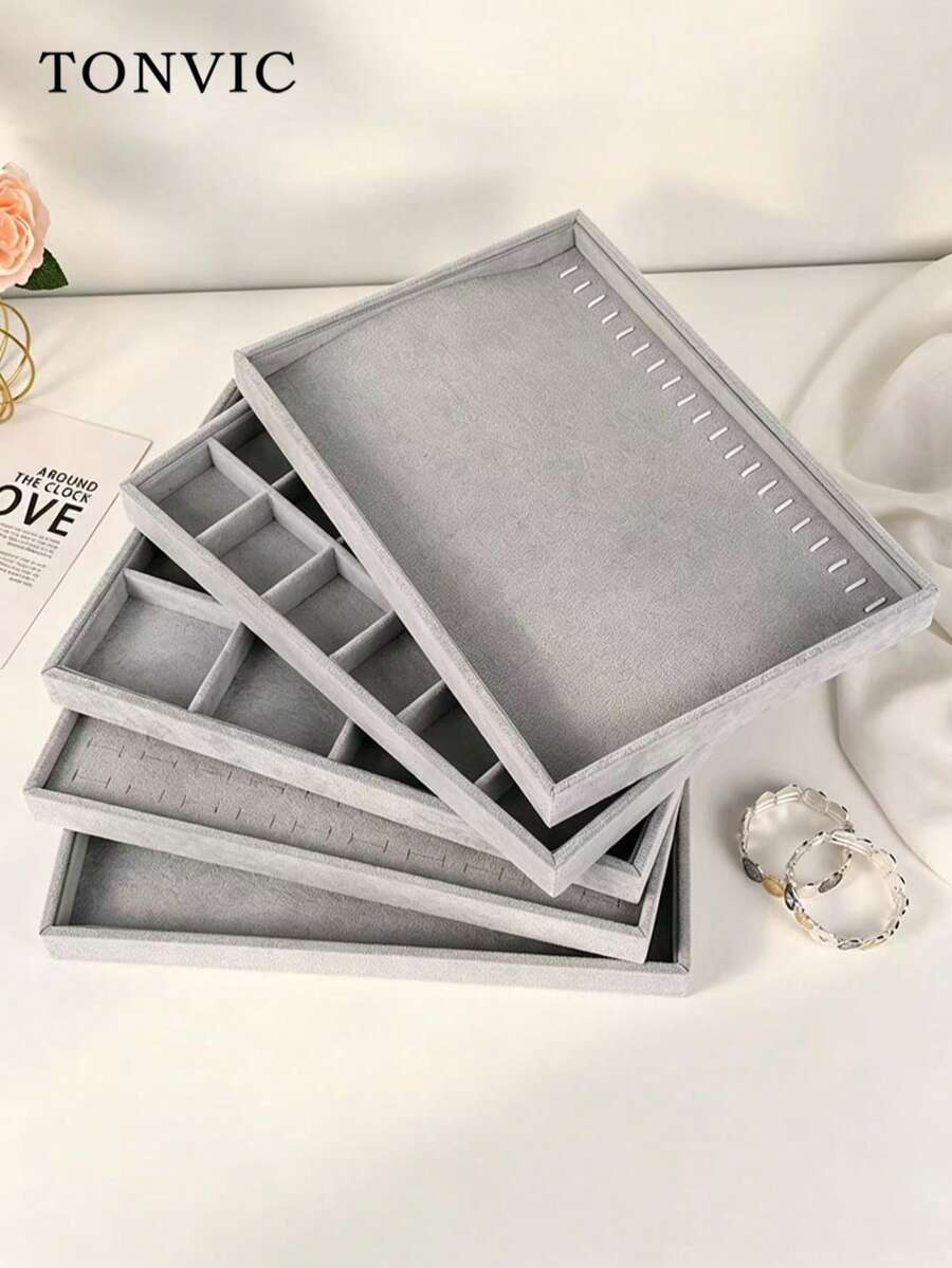 TONVIC 1pc Velvet Jewelry Tray Ring Necklace Storage Dish Watch Bracelet Tray With Pillow - Grey - View 1