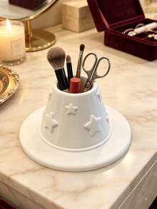 Highly Attractive White Star Embossed Makeup Brush Holder, INS Luxury Style Makeup Brush Organizer, Multi-Functional Vanity & Office Desk Storage Organizer - White - View 2