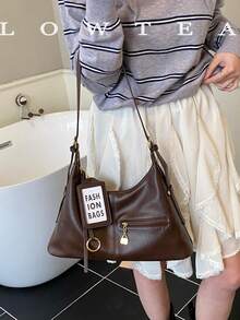 low tea 1pc Fashionable Crescent-Shaped PU Leather Shoulder Bag, Suitable For Commuting, Shopping And More - Coffee - View 11