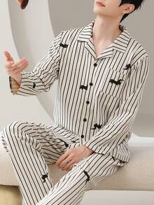 2pcs/Set Men's Pajamas Loungewear Set, Lapel Cardigan Cute Couple Style Long Sleeve Long Pants, Easy Care Fabric - Black and White - View 8