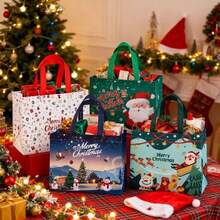 1/6/12pcs Tas Kado Natal (Dengan Pegangan) | Tas Kado Pesta Ekstra Besar - Dapat Digunakan Kembali, Dicetak Dengan Motif Natal, Santa Claus, dan Manusia Salju - Sempurna Untuk Belanja Liburan dan Pesta Natal - A - View 6