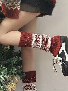 1 Pair Random Women Fair Isle Knit Leg Warmers, Christmas Snowflake Reindeer Pattern Fall Winter Warm Leg Covers - Multicolor - View 2