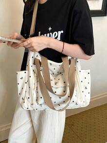 New Korean Style Gentle Polka Dot Bow Decor Large Capacity Multi-Pocket Shoulder Bag, Retro Sweet Lazy Casual Versatile Colorblock Detachable Long Strap Tote Bag, Suitable For Students, Classroom, Commuting, Work, Daily, Shopping, Vacation, Travel - Multicolor - View 5