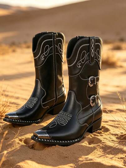 QRLQRL Botas Masculinas Estilo Western Bordadas Até a Panturrilha, Roupa de Viagem ao Ar Livre Outono/Inverno, Fivela Salto Grosso Bico Fino Festa Rua Botas Personalizadas