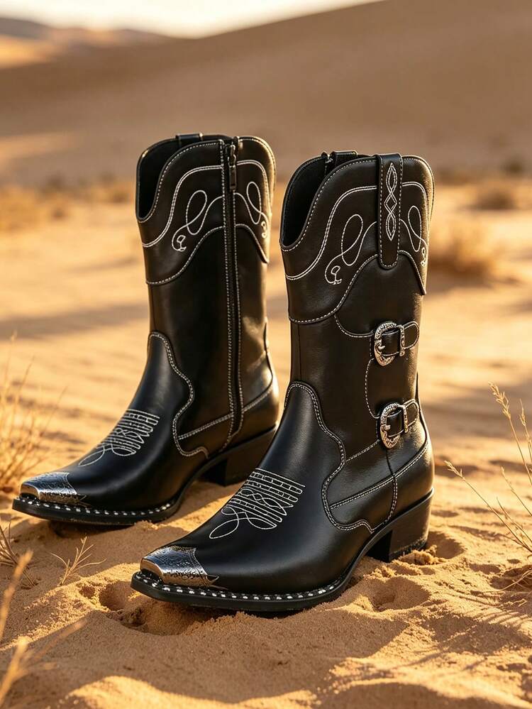 QRLQRL Men's Western Style Embroidered Mid-Calf Boots, Autumn/Winter Outdoor Travel Outfit, Buckle Thick Heel Pointed Toe Party Street Personalized Boots - Black - View 1
