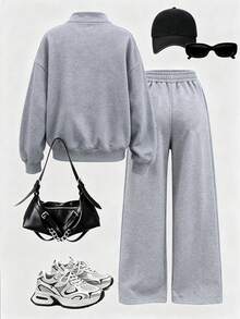 2pcs Set Suitable For Young Women And Girls Half-Zip Sweatshirt And Wide Leg Pants, Loose Stand Collar Sweatshirt And Loose Wide Leg Pants Matching Set, Suitable For Autumn/Winter Daily Wear - Multicolor - View 3