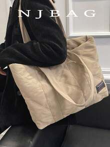純色輕量學生大學風購物姊妹好友托特包，休閒大容量絎縫細節單肩托特包學生包，開學季大容量輕便攜帶，適合青少年女孩、女性、大學生，適用於大學、中學、高中 - 卡其色 - 查看 2