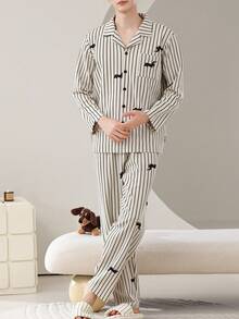 2pcs/Set Men's Pajamas Loungewear Set, Lapel Cardigan Cute Couple Style Long Sleeve Long Pants, Easy Care Fabric - Black and White - View 4