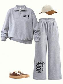 Setelan Olahraga 2 Potong Gaya Jalanan untuk Anak Perempuan, Sweatshirt Kerah Setengah Resleting dengan Cetakan Huruf & Celana Jogging Lebar, Musim Semi/Gugur - Grey - View 2