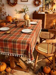 1‑Piece Vintage Blue‑Orange Tartan Plaid Tablecloth, Cozy Rustic Polyester Table Cover With Tassel Edge, Stylish Table Topper To Boost Halloween Fall Atmosphere, For Kitchen Dining Table $ Coffee Halloween Holiday Party Indoor Home Decoration - Tassel Trim - View 11