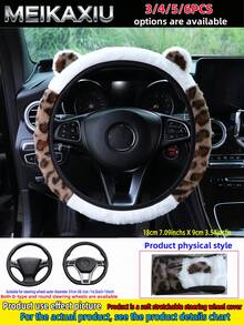 3/4/5/6PCS Sarung Setir Mobil Berbahan Plush Motif Leopard Buatan Tanpa Cincin Dalam, Sarung Rem Tangan, Sarung Tuas Persneling, Pelindung Bahu, Bantalan Sandaran Tangan, Aksesoris Dekorasi Mobil untuk Wanita - Set telinga motif macan tutul mewah - View 4
