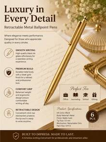 6pcs Luxury Gold Ballpoint Pens, Large Capacity Retractable Black Ink Pens, Smooth Writing, Suitable For Wedding Bridal Party, Business Office, Diary, Gift For Guests - A - View 4