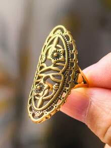 1pc Vintage Hollow Carved Gold-Tone Long Ring, 4 Color Options - Ancient Bronze - View 8