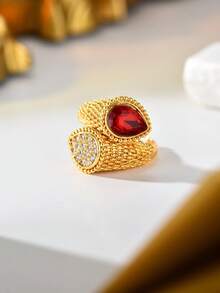 1pc Vintage Woven Pattern Copper Material Inlaid Colorful Teardrop Zirconia Open Ring, Women's Evening, Wedding, Party, Holiday Gift Accessory - Multicolor - View 11