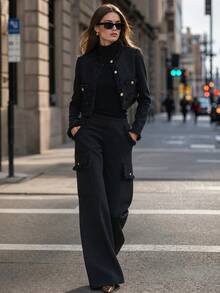Women's Black Non-Stretch Polyester Wide Leg Pants With Utility Pocket Details - Black - View 2