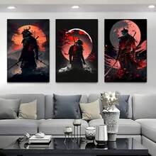 3-Piece Set Mysterious Warrior Wall Art, Red Moon And Mountain Background, Optional Frame - A - View 14