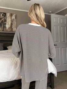 Women's Elegant Casual Striped Set, Comfortable And Stylish For Autumn Daily Home Wear - Brown - View 3