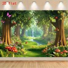 2D Flat 1pc Magic Forest Fairy Tale Background Banner With Mushrooms And Stream - Vibrant Polyester Party Banner - A - View 7