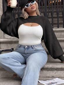 Plus Size Women's Cropped Asymmetrical Hem Solid Color Ribbed Knit Pullover Sweater - Black - View 4