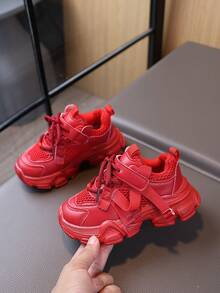1 Pair Spring/Autumn Boys' Shoes, Colorful Girls' Sports Shoes, Soft Sole Chunky Sneakers - Red - View 3