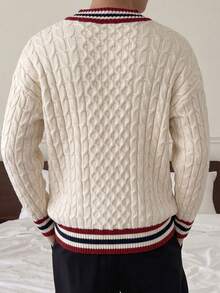 Teen Boys Beige & Contrast Color Striped V-Neck Sweater, Number Cable Knit Texture, Vintage Loose Fit Pullover Knit Top - Apricot - View 2