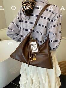 low tea 1pc Fashionable Crescent-Shaped PU Leather Shoulder Bag, Suitable For Commuting, Shopping And More - Coffee - View 7