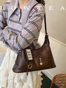 low tea 1pc Fashionable Crescent-Shaped PU Leather Shoulder Bag, Suitable For Commuting, Shopping And More - Coffee - View 9