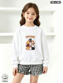 Söt sweatshirt för flickor med katttryck, lång ärm, rund hals, mjuk och andningsbar casual topp för vår och höst, utomhuslek - Vitt - Visa 3