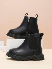 1 Pair Kids Chelsea Ankle Boots, Soft PU + Elastic Fabric Material, Round Toe, Thick Sole, Inner Zipper Design, Classic British Style Boots, Suitable For Boys And Girls Students Daily School And Vacation, Autumn/Winter New - Black - View 8