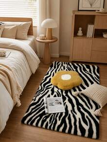 1pc Black And White Zebra Stripe Faux Rabbit Fur Rectangular Rug, Holiday Gift, Christmas Decoration, Modern Minimalist Ins Style, Fluffy Soft Touch, Smooth And Soft, Warm And Comfortable, Winter Warm Plush Rug, Fuzzy Skin-Friendly Material, Non-Slip Bottom, Low Shedding, Easy To Clean And Maintain, Machine Washable, Create Cozy Atmosphere, Suitable For Bedroom, Living Room, Hallway, Study, Dressing Room, Walk-In Closet, Bedside Rug, Sofa Rug, Coffee Table Rug, Tea Table Mat, Floor Mat, Holiday Decoration Rug, Home Decor Essential, All-Season Use - Multi-color - View 1