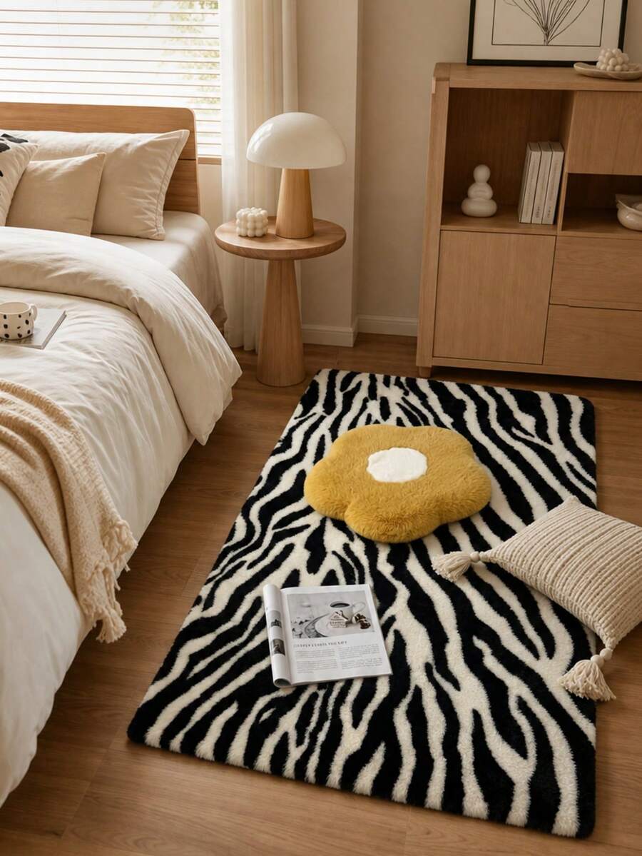 1pc Black And White Zebra Stripe Faux Rabbit Fur Rectangular Rug, Holiday Gift, Christmas Decoration, Modern Minimalist Ins Style, Fluffy Soft Touch, Smooth And Soft, Warm And Comfortable, Winter Warm Plush Rug, Fuzzy Skin-Friendly Material, Non-Slip Bottom, Low Shedding, Easy To Clean And Maintain, Machine Washable, Create Cozy Atmosphere, Suitable For Bedroom, Living Room, Hallway, Study, Dressing Room, Walk-In Closet, Bedside Rug, Sofa Rug, Coffee Table Rug, Tea Table Mat, Floor Mat, Holiday Decoration Rug, Home Decor Essential, All-Season Use - Multi-color - View 1
