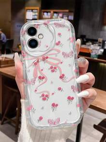 1pc Creamy Wavy Edge Shockproof Anti-Fall Protective Phone Case, Wavy Edge Transparent Phone Case (Cute Pink Ribbon Bow Cherry Butterfly Print Transparent Anti-Fall Soft TPU Phone Protective Case Suitable For Android), Suitable For Girls And Women, Sweet Style Compatible With Samsung, Series Phones - Clear - View 1
