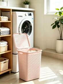 Plastic Rattan Laundry Hamper With Lid, Large‑Capacity Breathable Dirty Clothes Basket With Sturdy Handles & Dust‑Proof Cover, For Bathroom, Laundry Room, Bedroom & Closet, Perfect For Family And Dorm Students To Store Garments, Towels & Linens - Multicolor - View 5