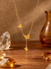 Light Luxury Y-Shaped Butterfly Tassel Gold Collarbone Necklace, Niche High-End Stainless Steel Neck Chain For Women, Dynamic Three-Piece Butterfly Pendant Design, Gentle Exquisite Adjustable Chain, Minimalist Versatile Accessory, Suitable For Commute, Date, Party And More - Butterfly Pendant Necklace - View 1
