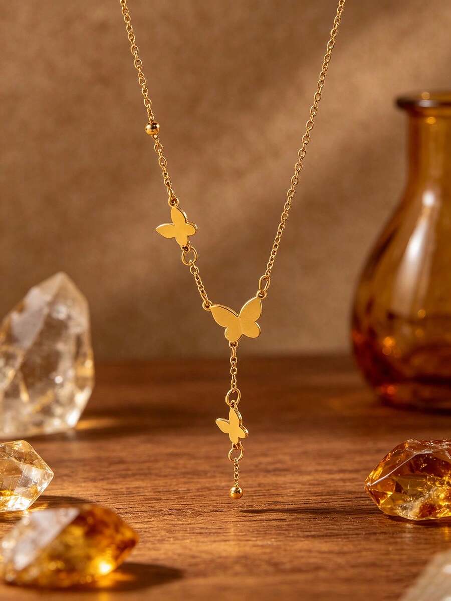 Light Luxury Y-Shaped Butterfly Tassel Gold Collarbone Necklace, Niche High-End Stainless Steel Neck Chain For Women, Dynamic Three-Piece Butterfly Pendant Design, Gentle Exquisite Adjustable Chain, Minimalist Versatile Accessory, Suitable For Commute, Date, Party And More - Butterfly Pendant Necklace - View 1