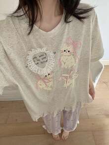 2pcs/Set Women's Pajamas Loungewear Set, Cute Animal Print Pullover Round Neck Short Sleeve Cropped Pants Lace Patchwork Comfortable For Home Wear - Light Grey - View 4