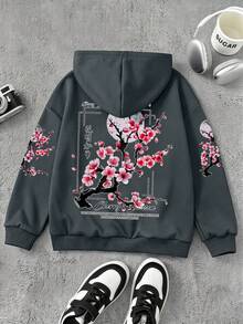 Japanese Street Style Cherry Blossom Print Sweatshirt, Versatile Spring/Autumn/Winter Top For Teenage Boys - Dark Grey - View 2
