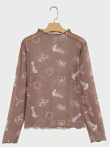 Acelitt Women's Western Denim Effect Mesh Stand Collar Long Sleeve Fitted Top, Suitable For Daily Wear, Spring/Autumn Casual Brown - Brown - View 4