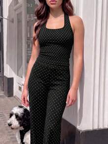 Women's 2 Pieces Set: Polka Dot Halter Top & Flare Pants, Slim Fit Y2K Style Casual Sports Outfit, Suitable For Girls - Black and White - View 7