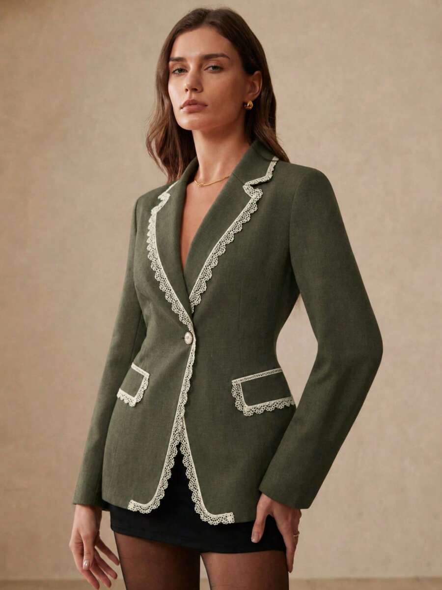 Women's Olive Green Lightweight Blazer, Lace Lapel, Long Sleeve Regular Fit, Back Tie Design, Suitable For Autumn/Winter Wear