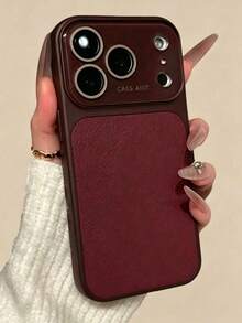 Luxury Lychee Texture Artificial Leather Large Window Phone Case, Compatible With 17 Pro Max, 17 Pro, 17, 16 Pro Max, 16 Pro, 15 Pro Max, 15 Pro, 13 Pro Max, 14 Pro, 16, 15, 14, 13, Lens Protection, Shockproof Back Shell - Retro Red - View 3