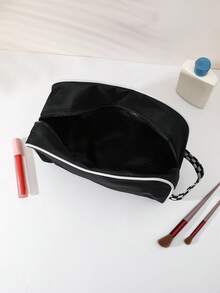 1pcs Women's Black Contrast Piping Makeup Bag With Checkerboard Handle, Large Capacity Cosmetic Organizer - View 6