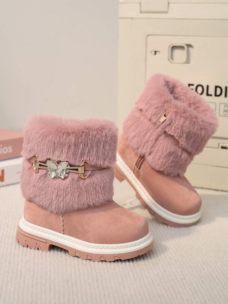 1 Pair Girls' Baby Bow & Rhinestone Decor Lightweight Comfortable Warm Flat Side Zipper Design Snow Boots Ankle Boots Suitable For Daily Outdoor Wear In Autumn/Winter - Pink - View 1