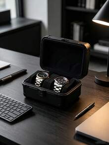 Hard Shell Watch Storage Box With Flip Lid, 2 Watch Compartments, Scratch-Resistant Lining, Durable And Dust-Proof, With Handle For Portability, Ideal Gift For Watch Collectors - Multicolor - View 2