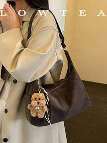 low tea 1pc Crescent Moon Shaped PU Leather Shoulder Bag, Suitable For Commuting, Shopping, Etc. (With Pendant) - Coffee - View 4
