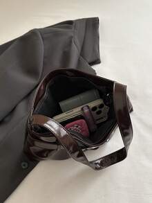 1 buah Tas Tote Wanita Kapasitas Besar Warna Solid PU dengan Tali Gesper Cokelat Kopi, Tas Bahu Wanita - Coffee Brown - View 6